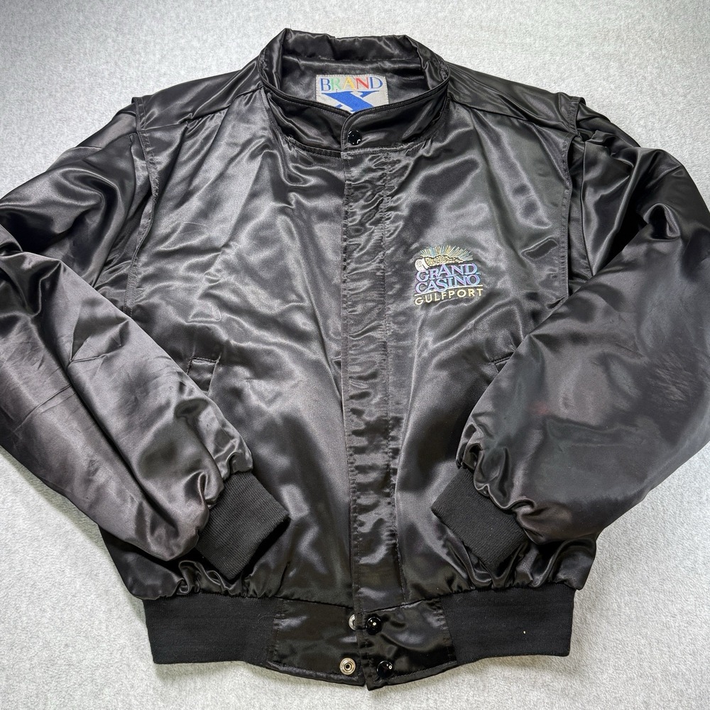 Vintage Grand Casino Gulfport‎ Mississippi Satin Bomber Jacket Black Size L